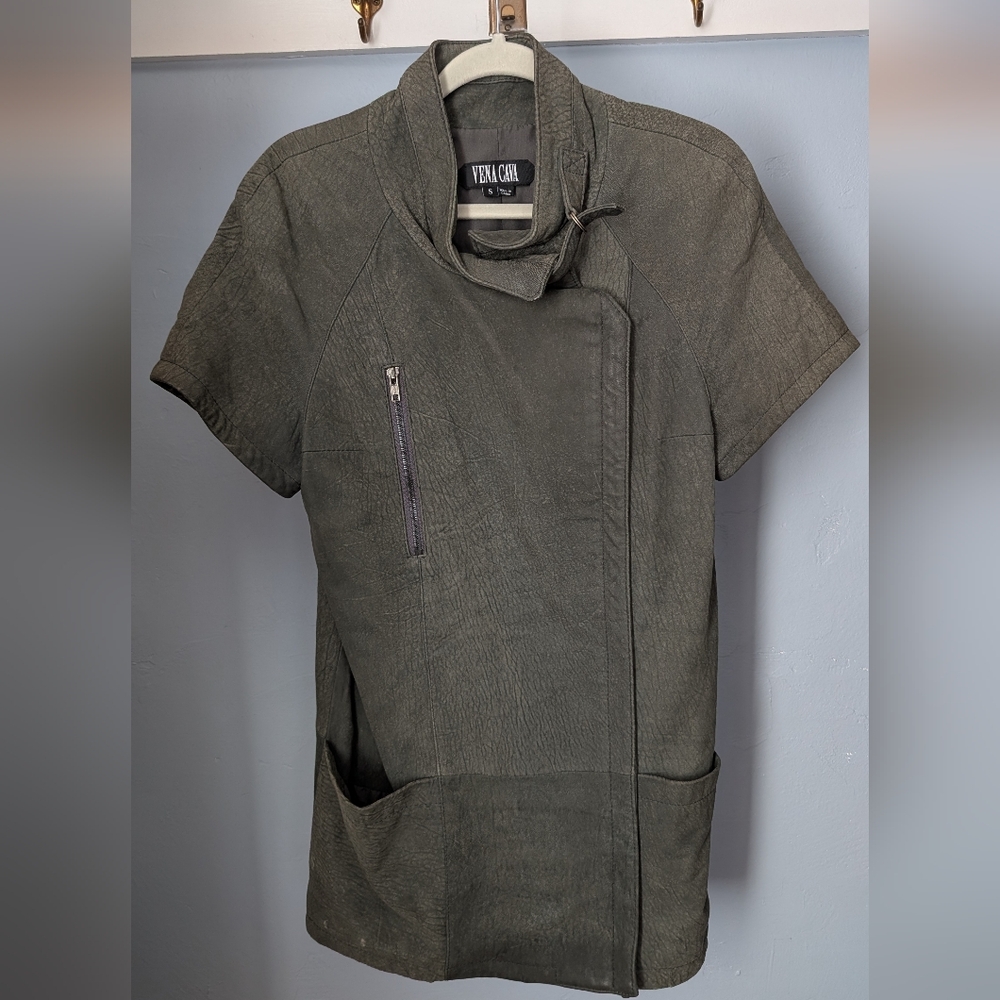 Vena Cava Washed Grey Leather Short Sleeve Moto Dress / Jacket